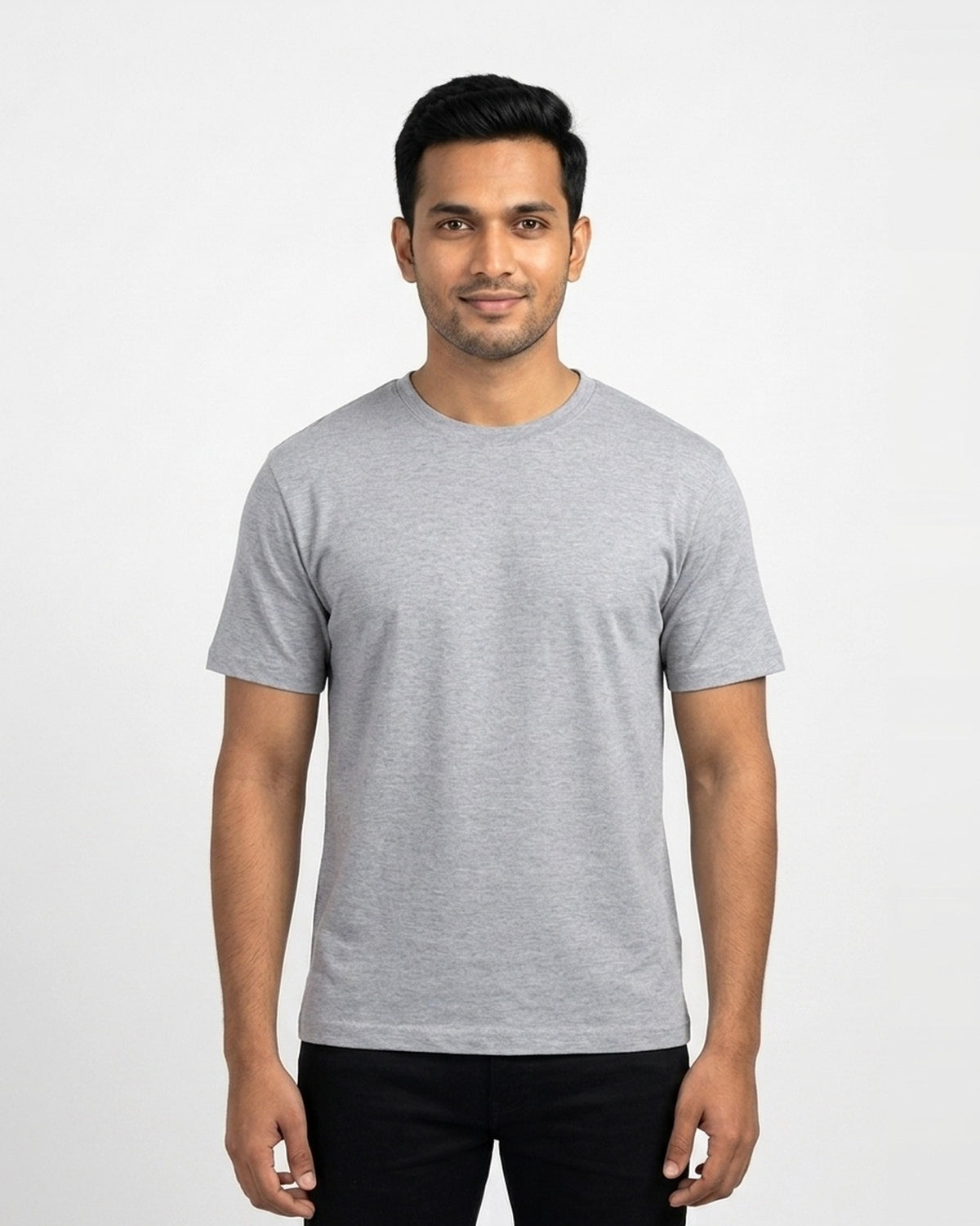 Classic Crew T-Shirt in Grey Melange on wheatish skin — MULTITHREAD