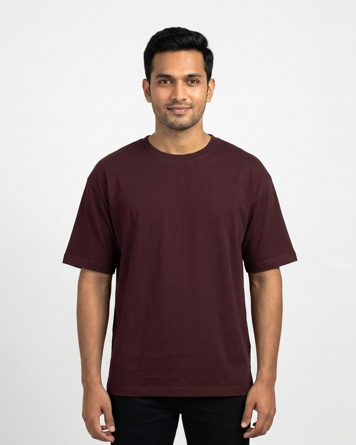 Classic Crew T-Shirt in Maroon on wheatish skin — MULTITHREAD