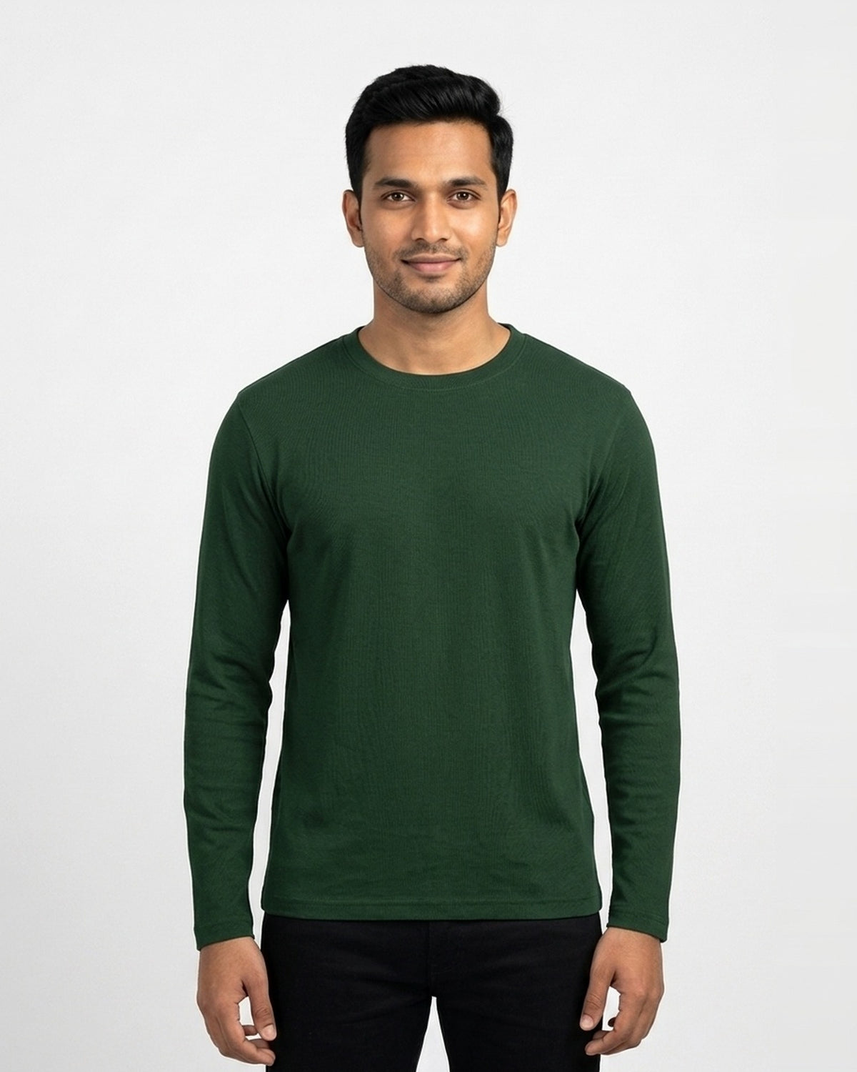 Full Sleeve T-Shirt in Bottle Green on wheatish skin — MULTITHREAD