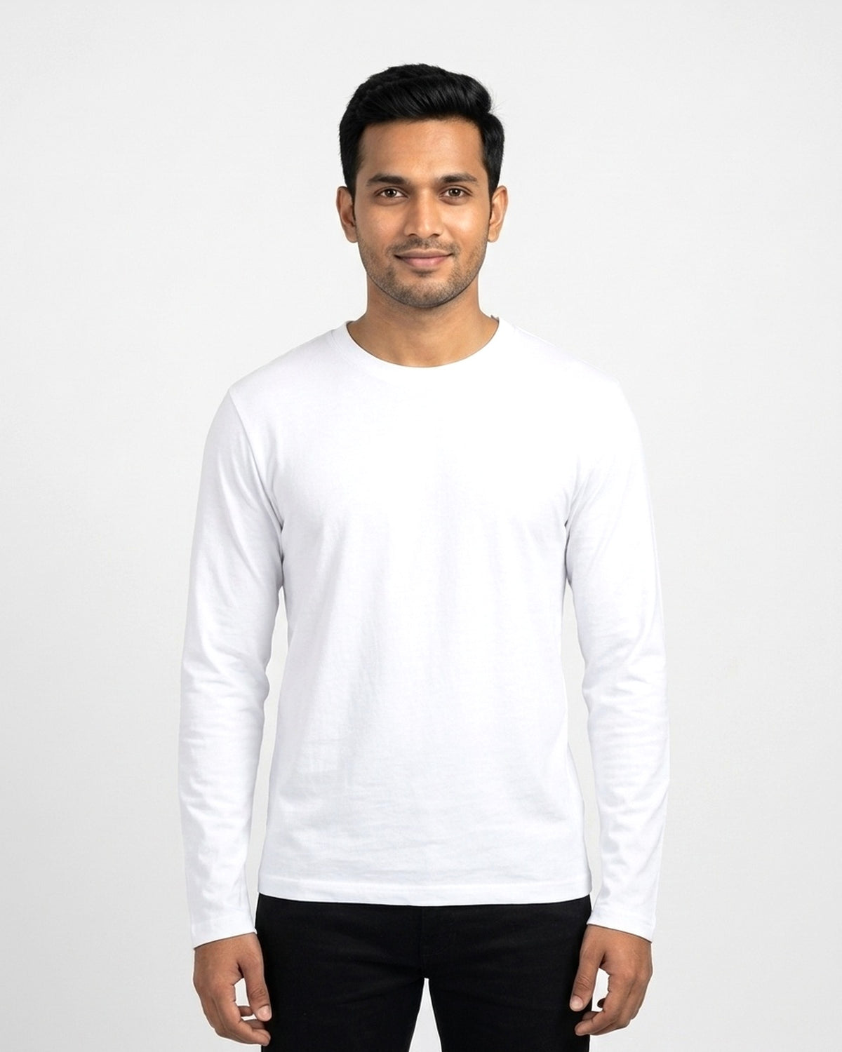 Full Sleeve T-Shirt in White on wheatish skin — MULTITHREAD