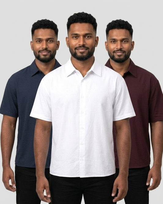 Oversized Half Sleeve Shirt 3-pack for dusky skin: White + Navy Blue + Maroon (group photo)