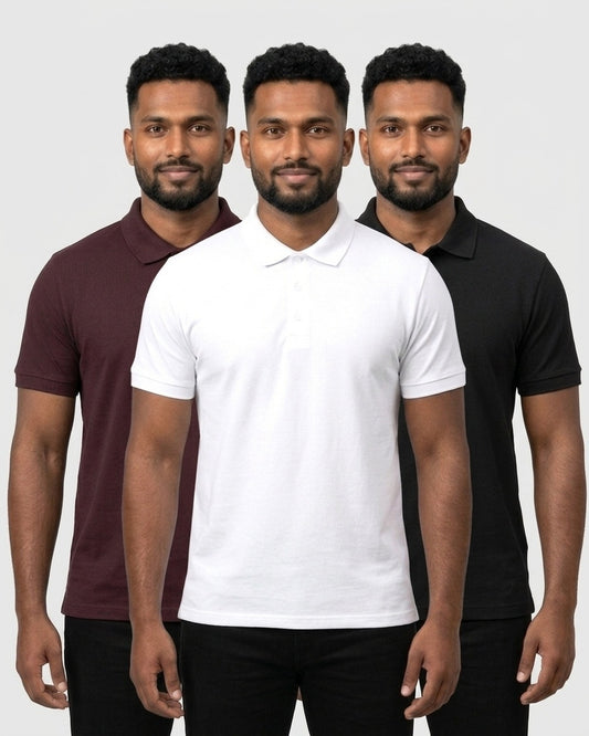 Polo 3-pack for dusky skin: White + Maroon + Black (group photo)