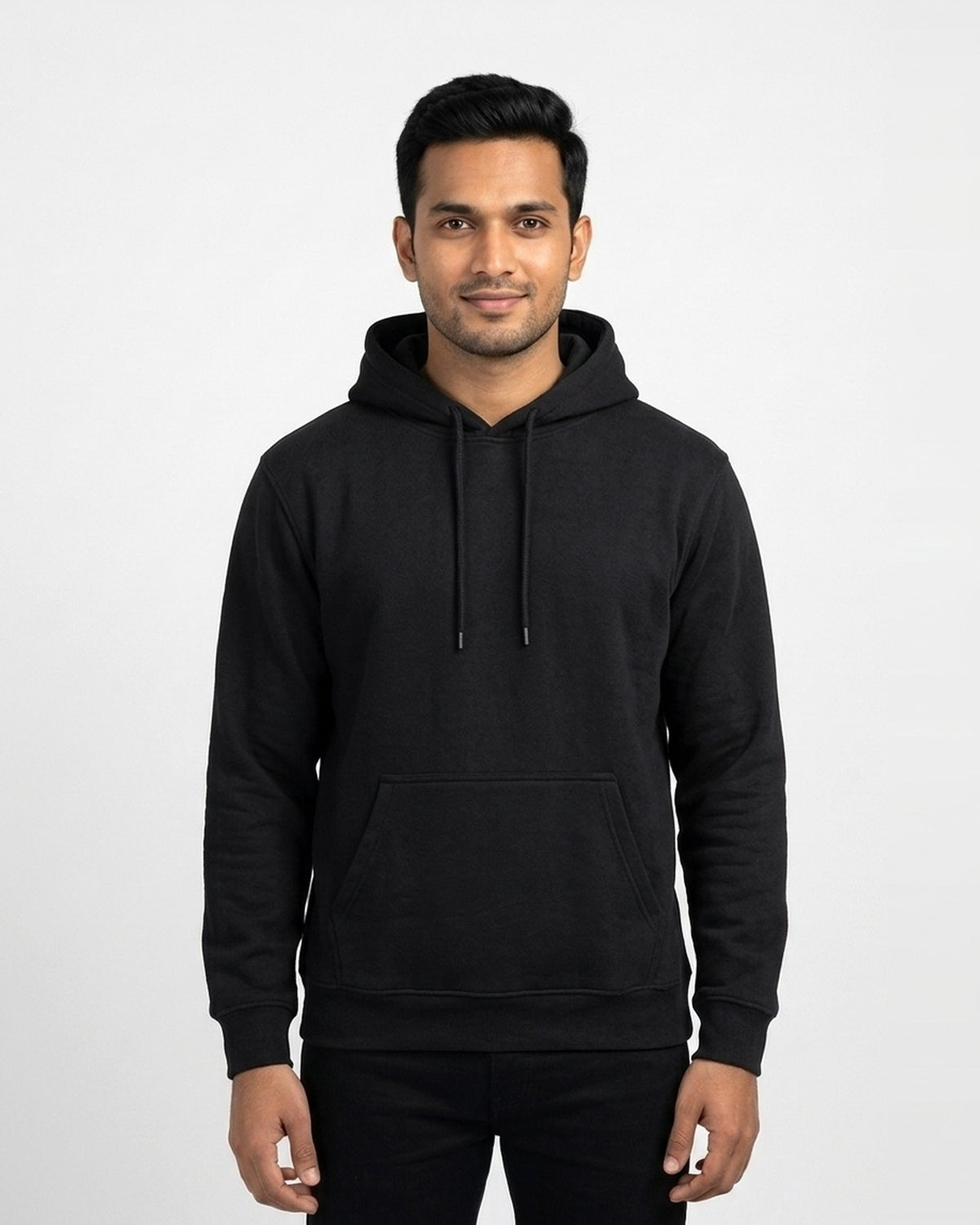 Hoodie in Black on wheatish skin — MULTITHREAD