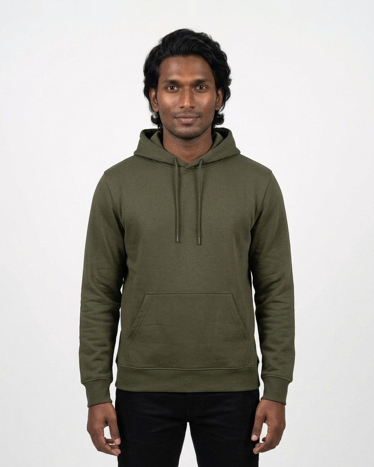 Hoodie in Olive Green on deep skin — MULTITHREAD