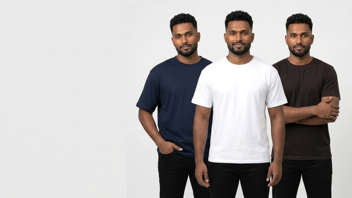MULTITHREAD men's basics on dusky skin: crew-neck t-shirt in White, oversized t-shirt in Navy Blue, crew-neck t-shirt in Coffee Brown