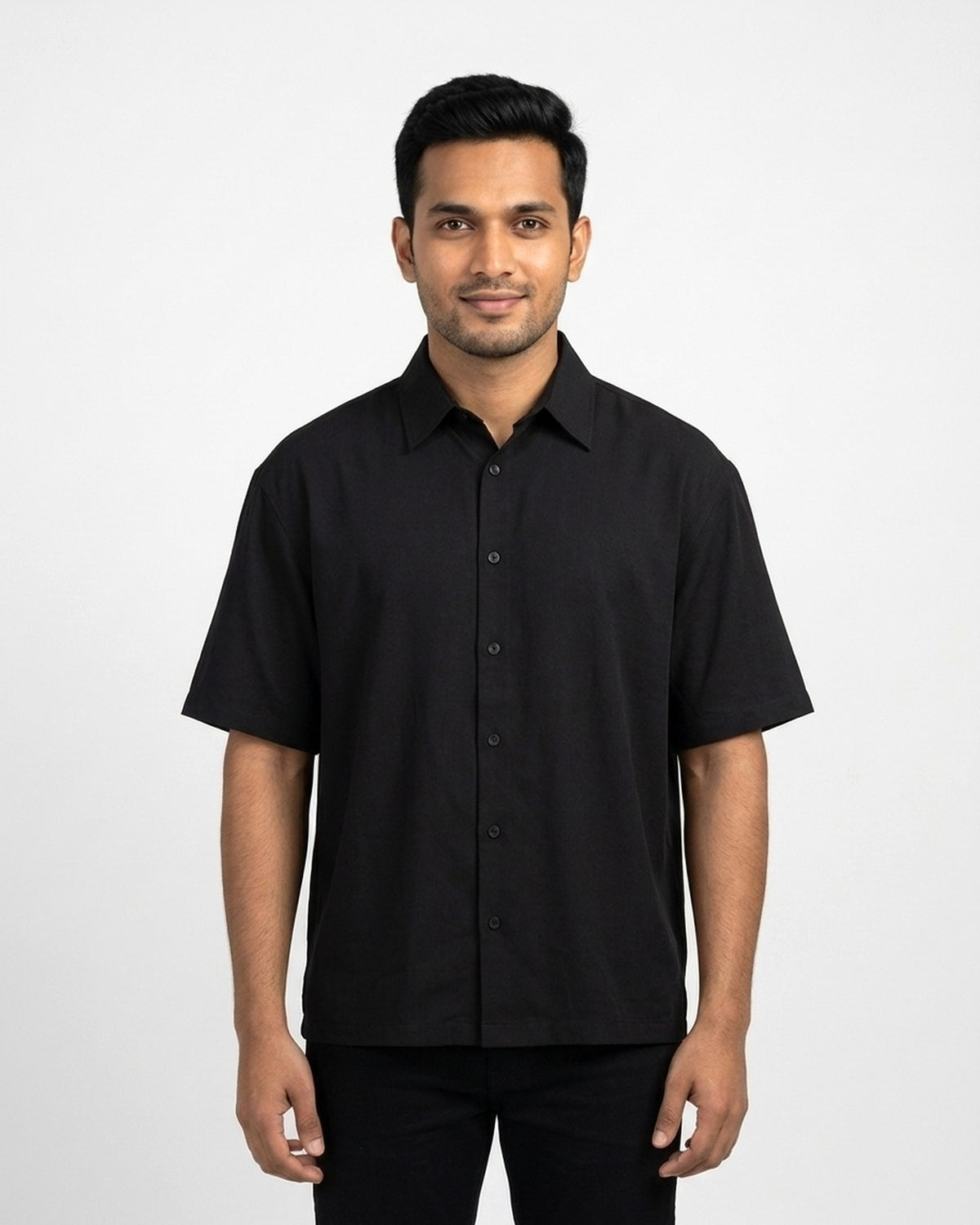 Oversized Half Sleeve Shirt in Black on wheatish skin — MULTITHREAD