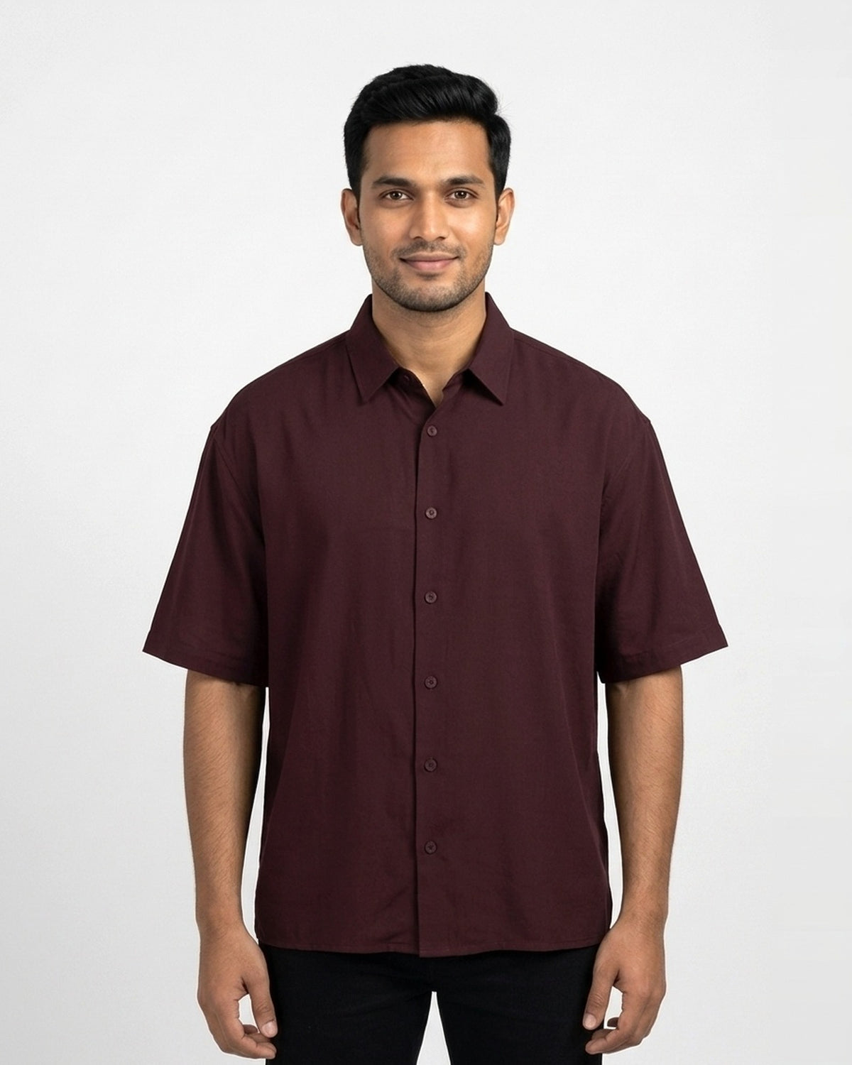 Oversized Half Sleeve Shirt in Maroon on wheatish skin — MULTITHREAD