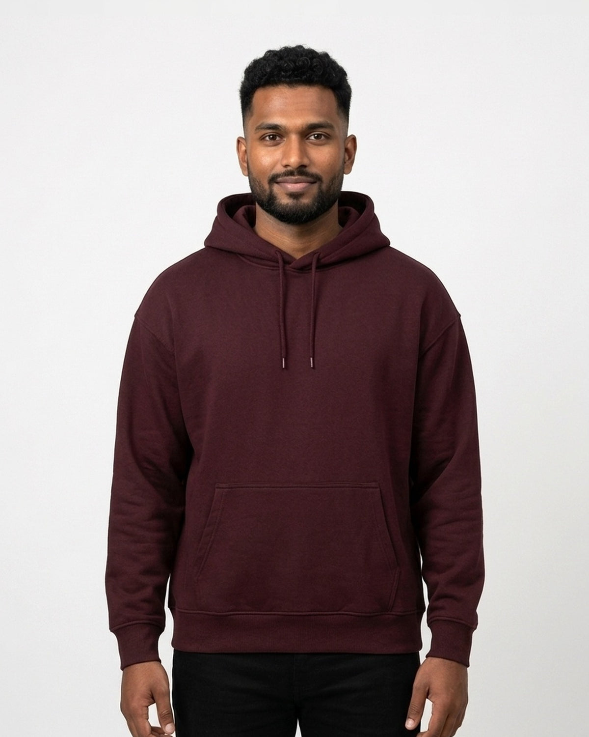 Oversized Hoodie in Maroon on dusky skin — MULTITHREAD