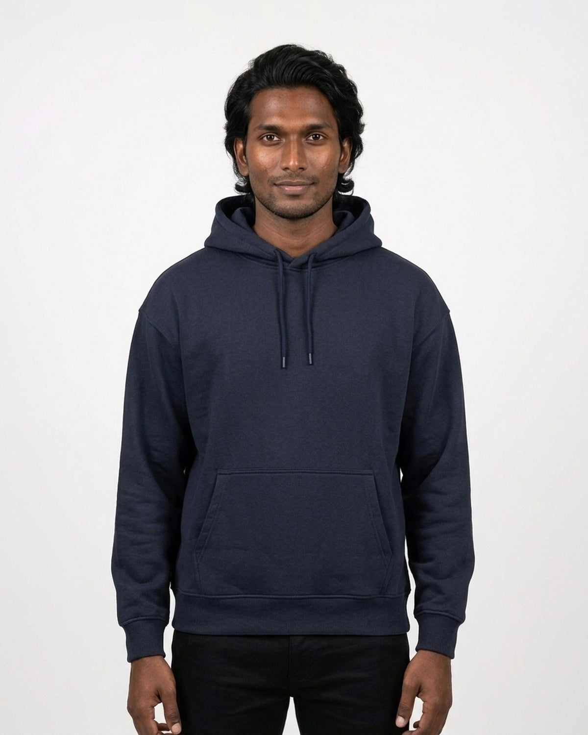 Oversized Hoodie in Navy Blue on deep skin — MULTITHREAD