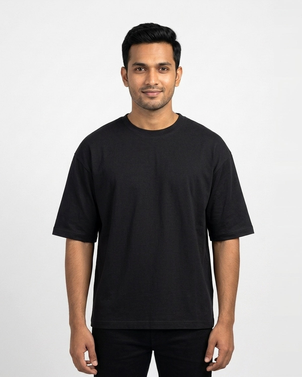 Oversized T-Shirt 240 GSM in Black on wheatish skin — MULTITHREAD