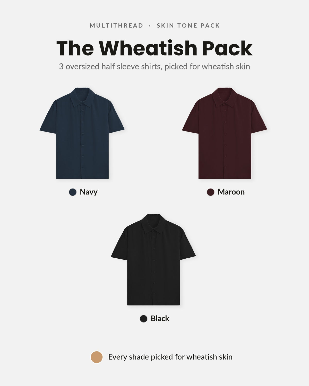 Oversized Half Sleeve Shirt 3-pack for wheatish skin: Navy Blue + Maroon + Black (flat lay)