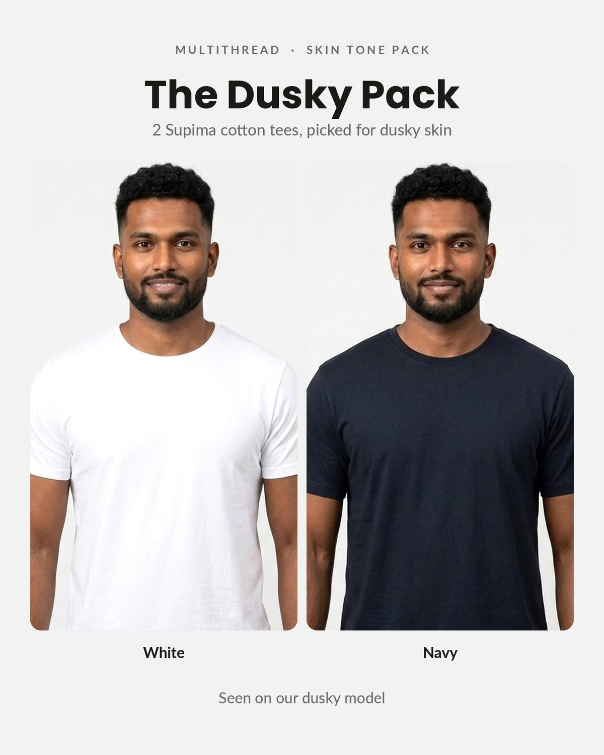 Supima Cotton T-Shirt 2-pack for dusky skin: White + Navy Blue (on model)