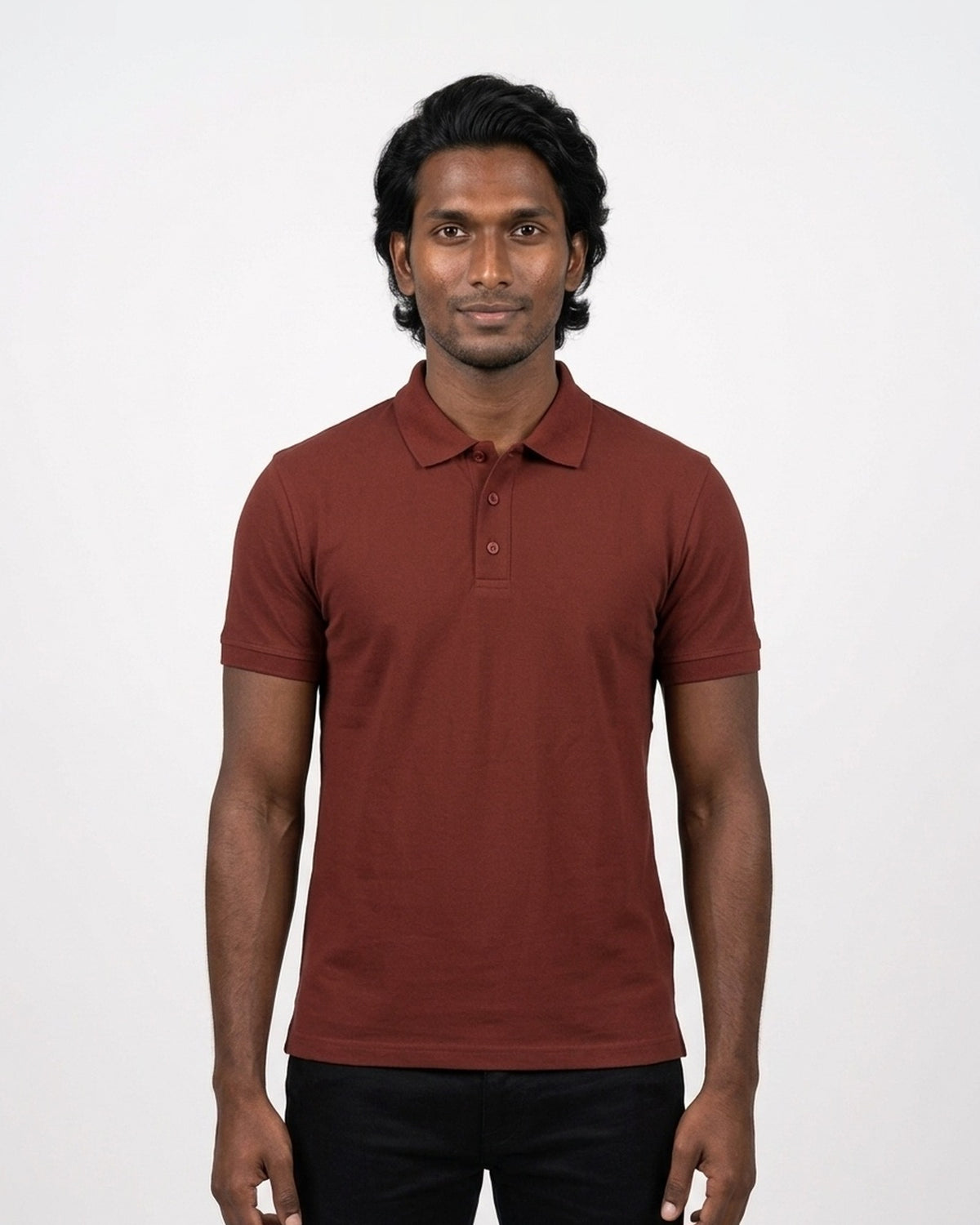 Polo T-Shirt in Brick Red on deep skin — MULTITHREAD