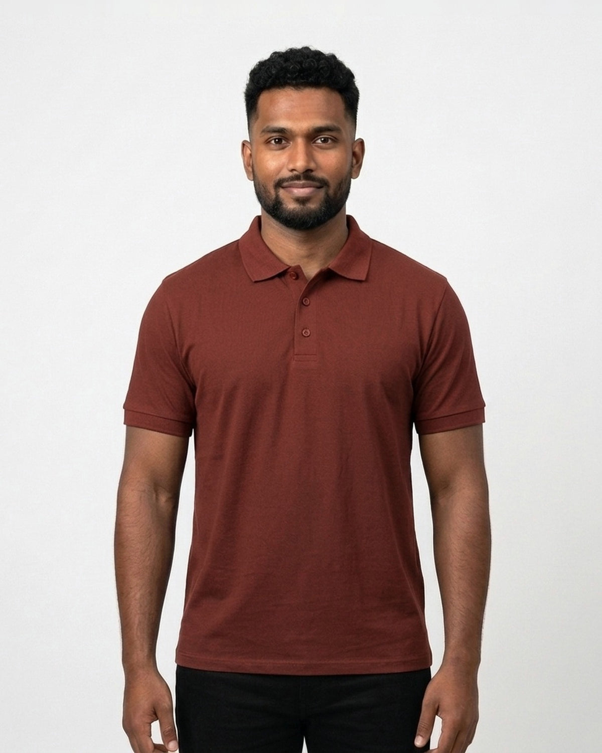 Polo T-Shirt in Brick Red on dusky skin — MULTITHREAD