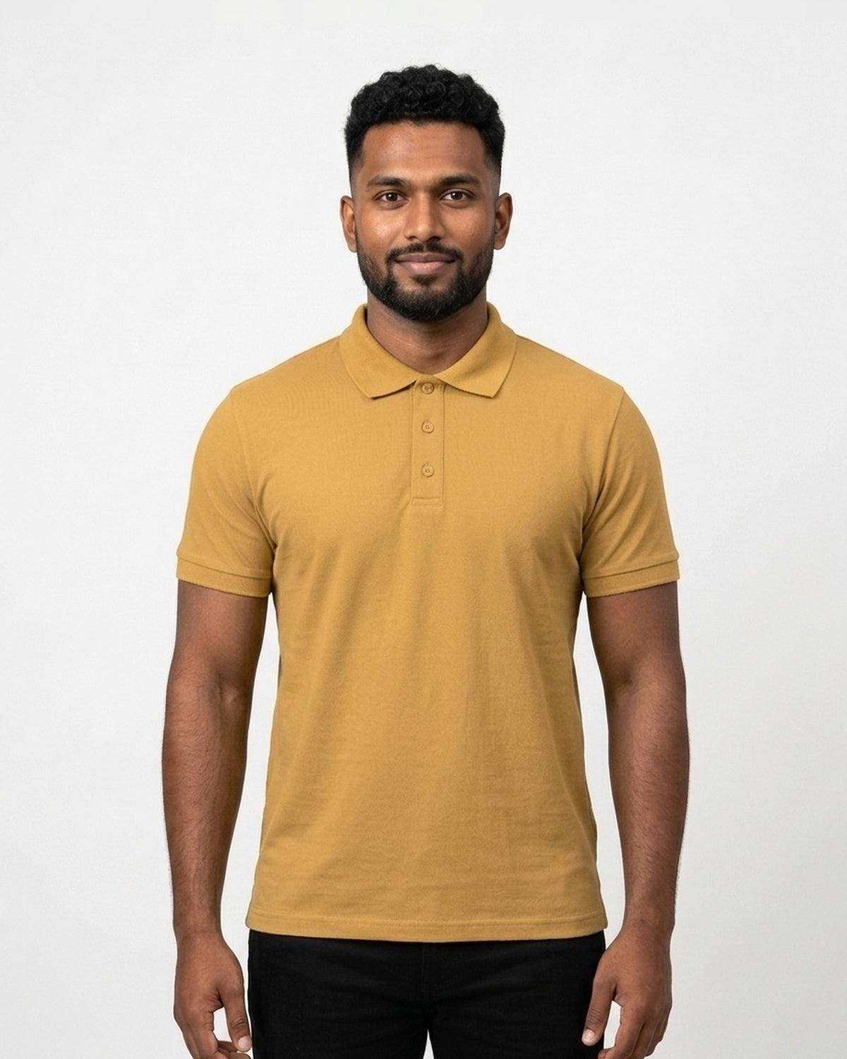 Polo T-Shirt in Mustard Yellow on dusky skin — MULTITHREAD