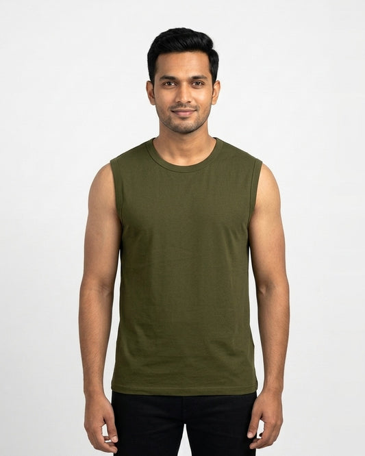 Sleeveless T-Shirt in Olive Green on wheatish skin — MULTITHREAD