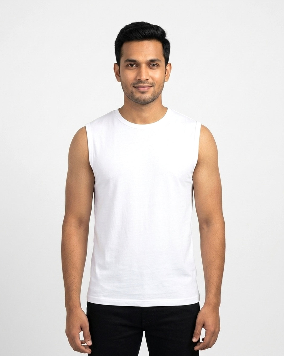 Sleeveless T-Shirt in White on wheatish skin — MULTITHREAD