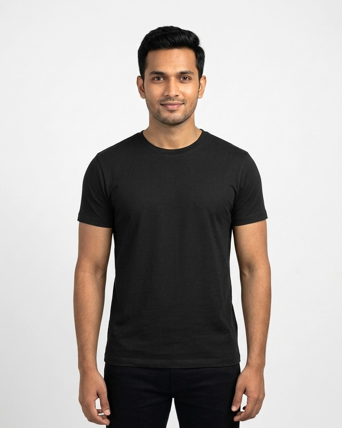 Supima Cotton T-Shirt in Black on wheatish skin — MULTITHREAD