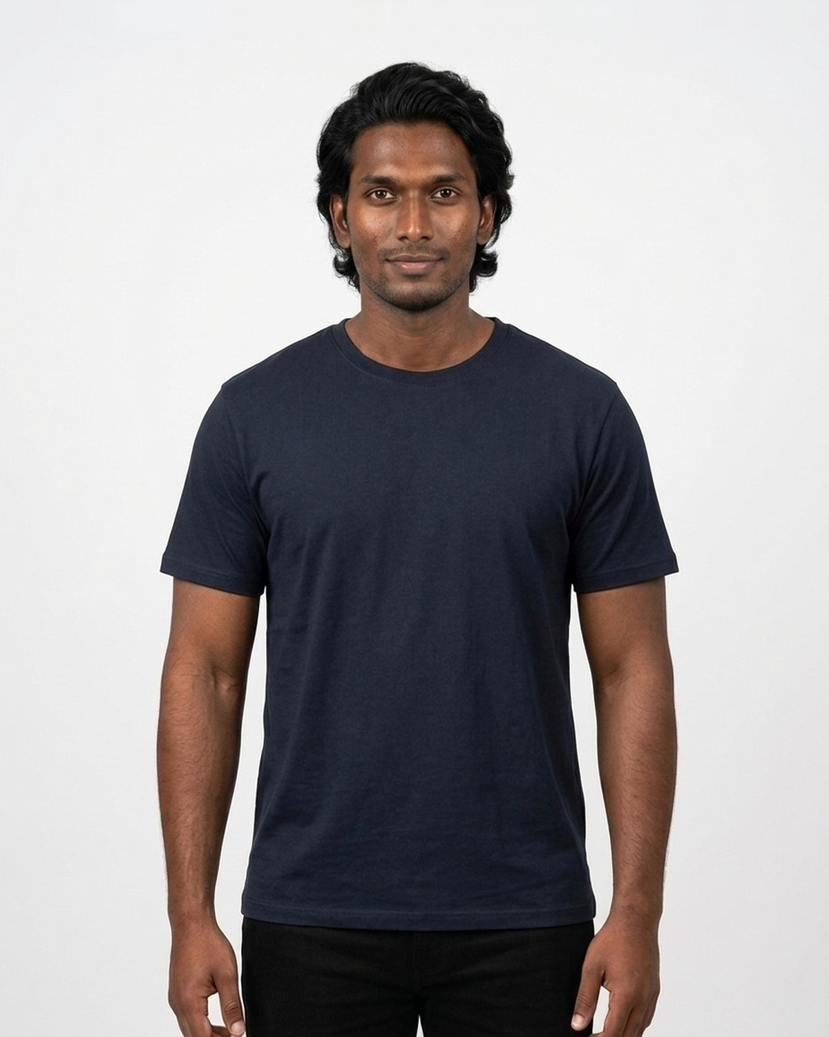 Supima Cotton T-Shirt in Navy Blue on deep skin — MULTITHREAD