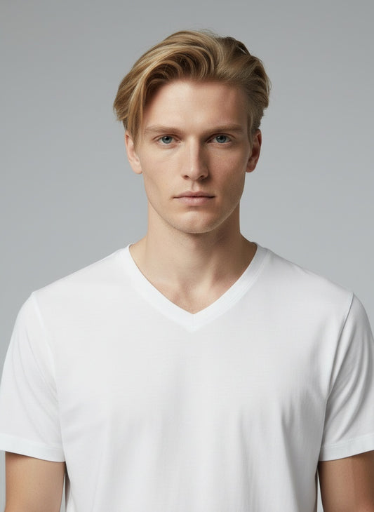 V-Neck T-Shirt โ V-neckline close-up โ 100% Cotton 180 GSM