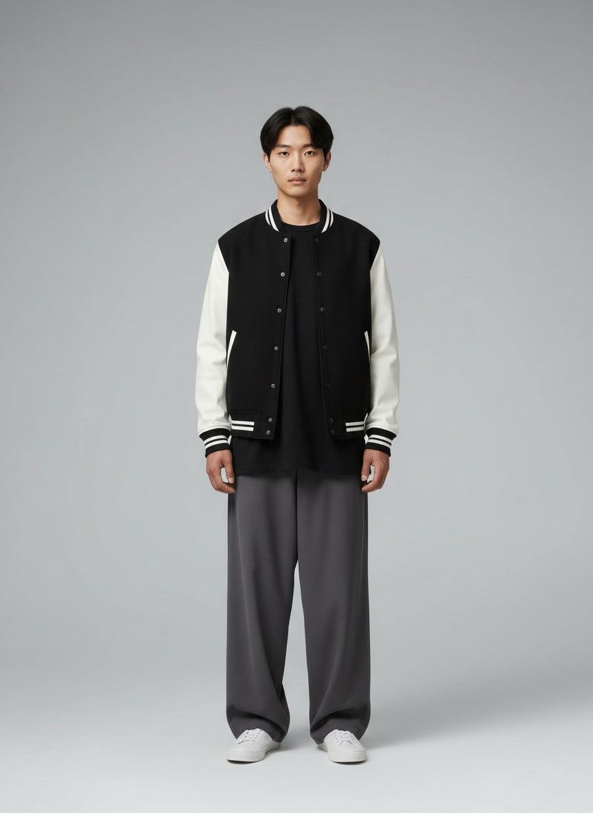 Men's Varsity Jacket — 300 GSM 100% Cotton — Derby Ribbed Hem — Black — MULTITHREAD