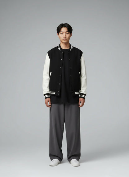 Men's Varsity Jacket — 300 GSM 100% Cotton — Derby Ribbed Hem — Black — MULTITHREAD
