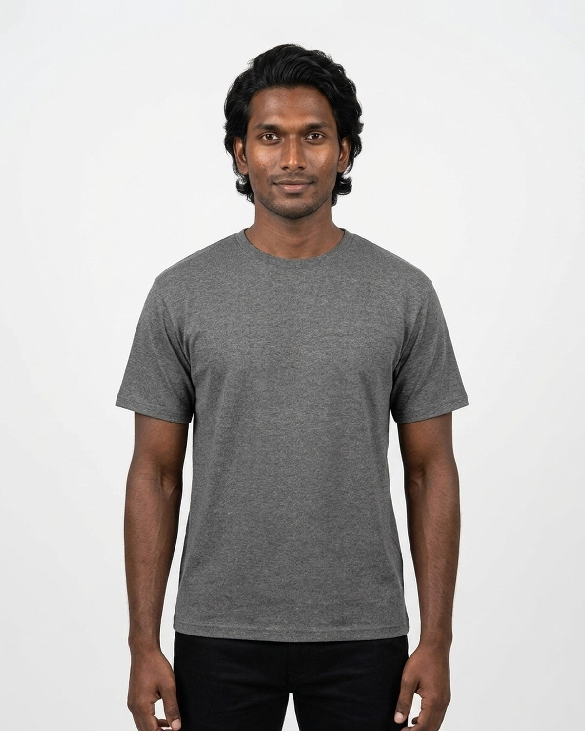 Classic Crew T-Shirt in Charcoal Melange on deep skin — MULTITHREAD