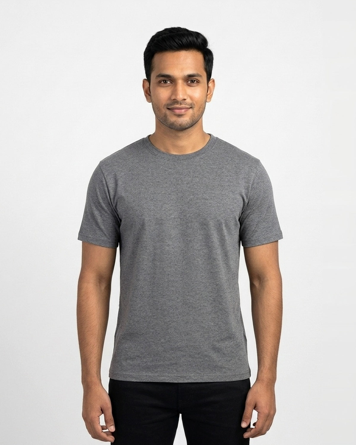 Classic Crew T-Shirt in Charcoal Melange on wheatish skin — MULTITHREAD
