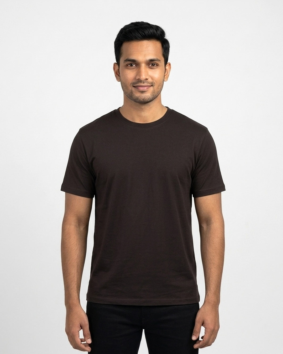 Classic Crew T-Shirt in Coffee Brown on wheatish skin — MULTITHREAD