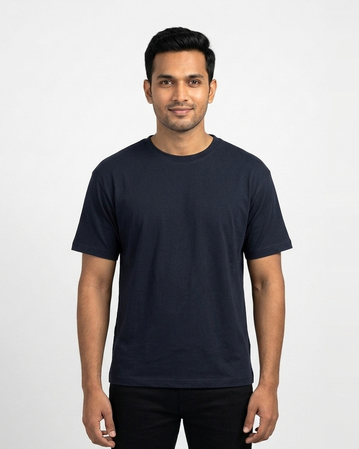 Classic Crew T-Shirt in Navy Blue on wheatish skin — MULTITHREAD