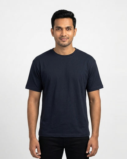 Classic Crew T-Shirt in Navy Blue on wheatish skin — MULTITHREAD