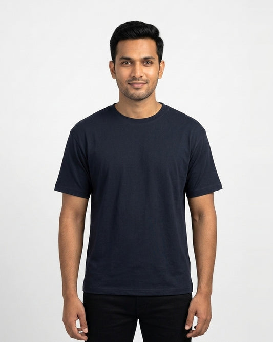 Classic Crew T-Shirt in Navy Blue on wheatish skin — MULTITHREAD