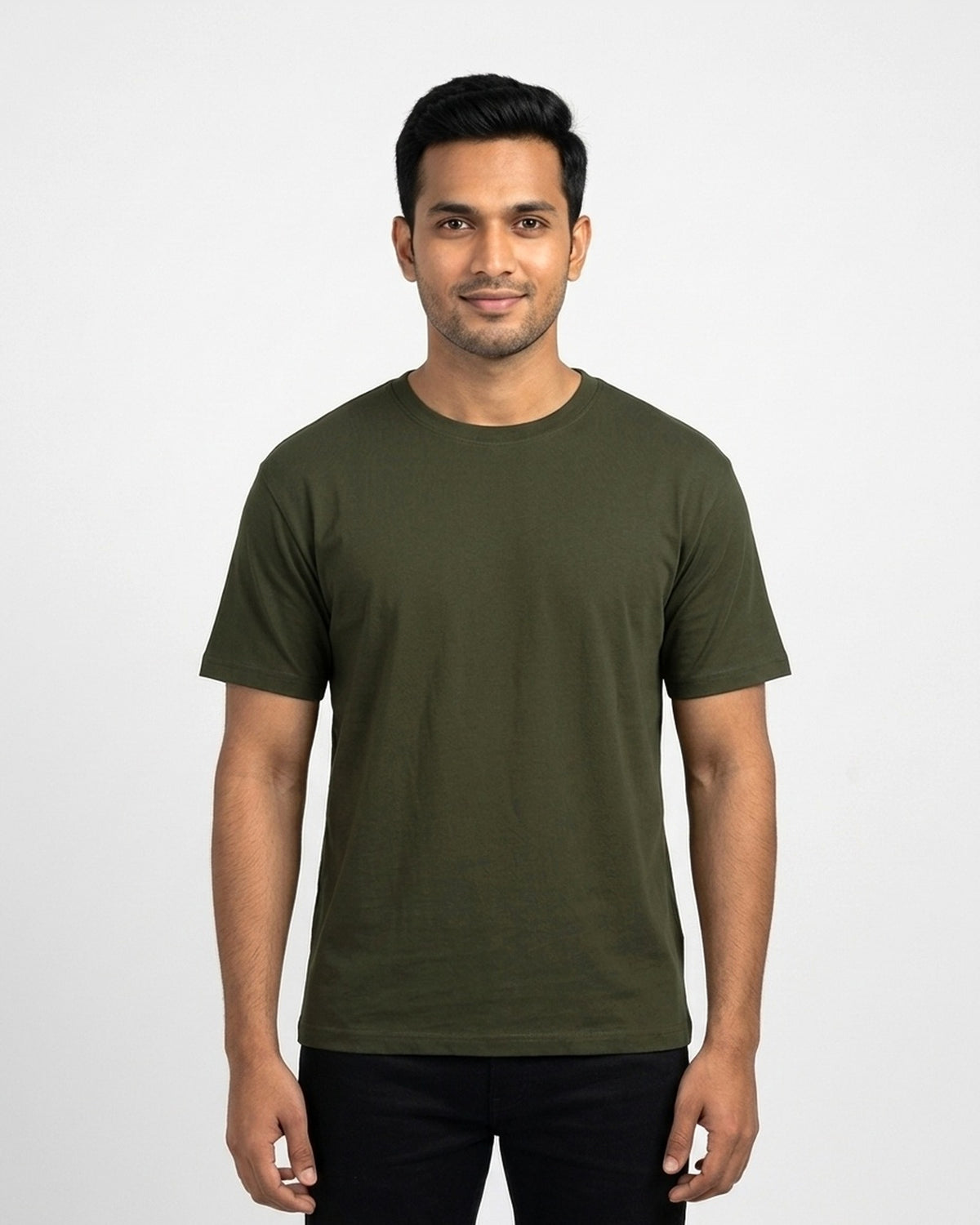 Classic Crew T-Shirt in Olive Green on wheatish skin — MULTITHREAD