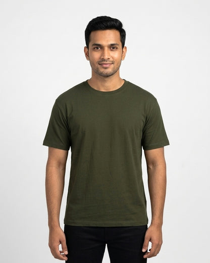 Classic Crew T-Shirt in Olive Green on wheatish skin — MULTITHREAD