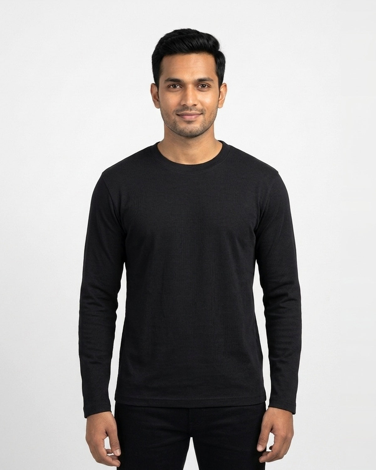 Full Sleeve T-Shirt in Black on wheatish skin — MULTITHREAD