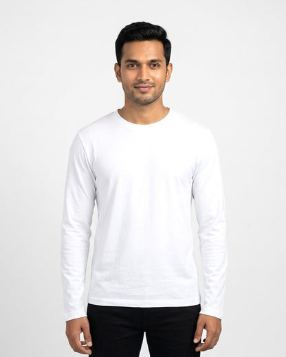 Full Sleeve T-Shirt in White on wheatish skin — MULTITHREAD