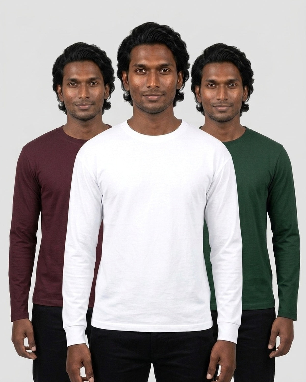 Full Sleeve 3-pack for deep skin: White + Maroon + Bottle Green (group photo)