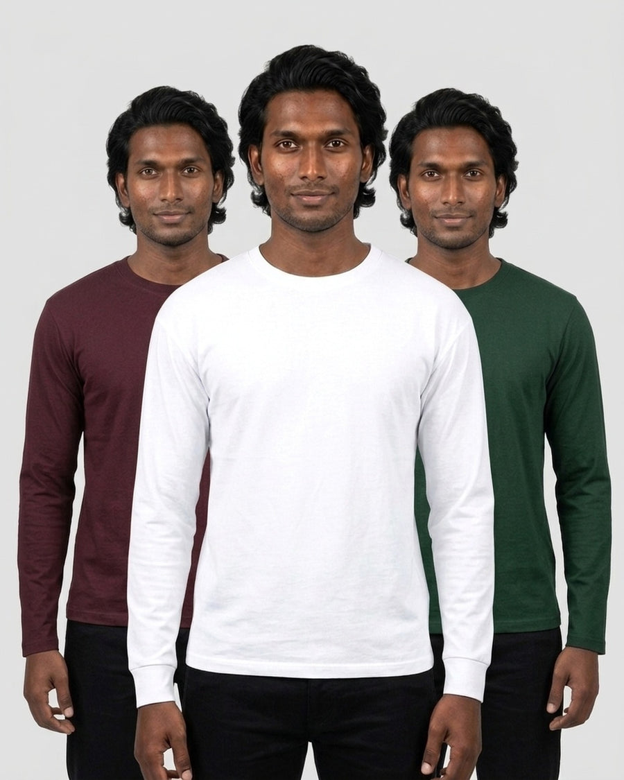 Full Sleeve 3-pack for deep skin: White + Maroon + Bottle Green (group photo)