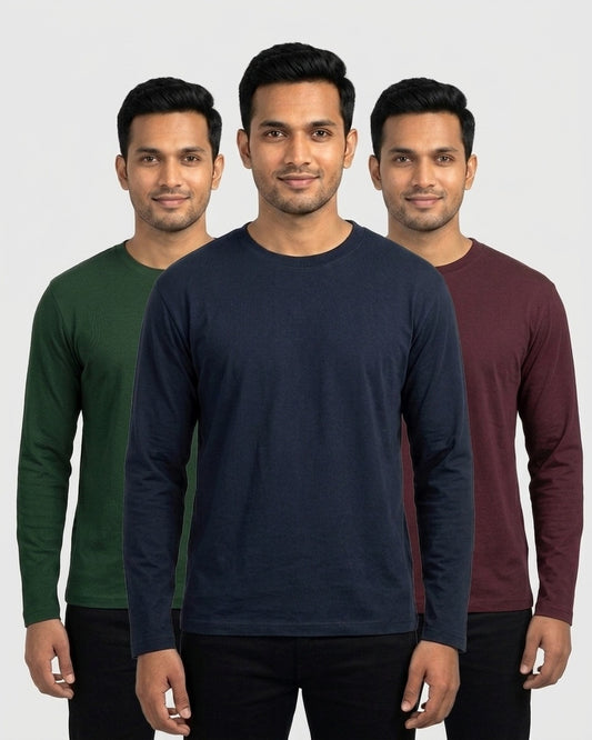 Full Sleeve 3-pack for wheatish skin: Navy Blue + Bottle Green + Maroon (group photo)