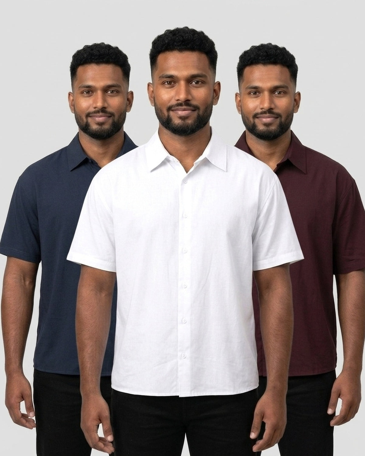 Oversized Half Sleeve Shirt 3-pack for dusky skin: White + Navy Blue + Maroon (group photo)