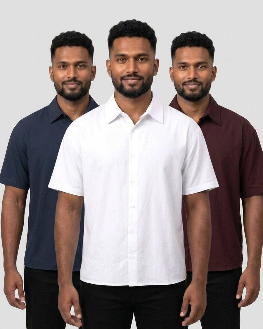 Oversized Half Sleeve Shirt 3-pack for dusky skin: White + Navy Blue + Maroon (group photo)