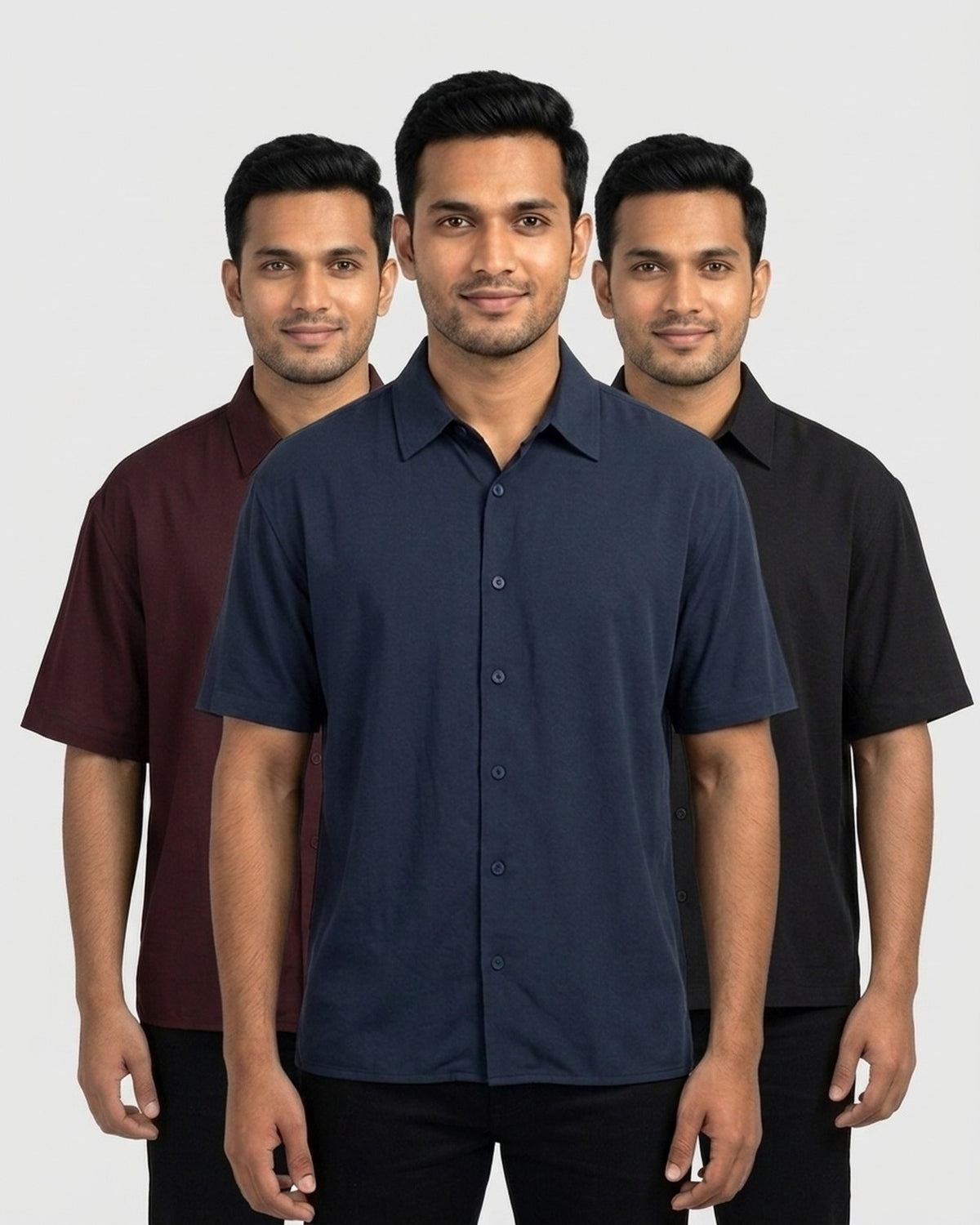 Oversized Half Sleeve Shirt 3-pack for wheatish skin: Navy Blue + Maroon + Black (group photo)