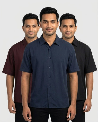 Oversized Half Sleeve Shirt 3-pack for wheatish skin: Navy Blue + Maroon + Black (group photo)