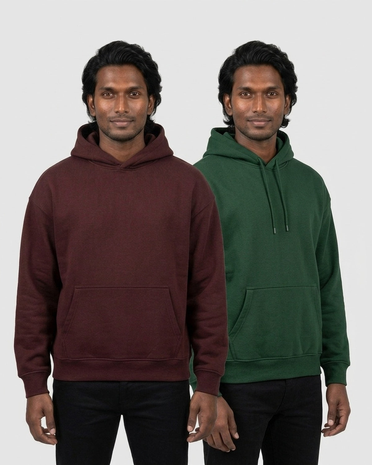 Oversized Hoodie 2-pack for deep skin: Maroon + Bottle Green (group photo)