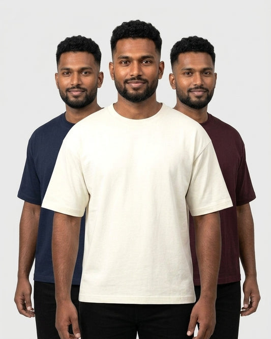 Oversized 240 GSM 3-pack for dusky skin: Off White + Navy Blue + Maroon (group photo)