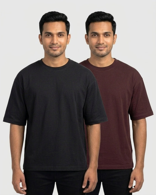Oversized 240 GSM 2-pack for wheatish skin: Black + Maroon (group photo)
