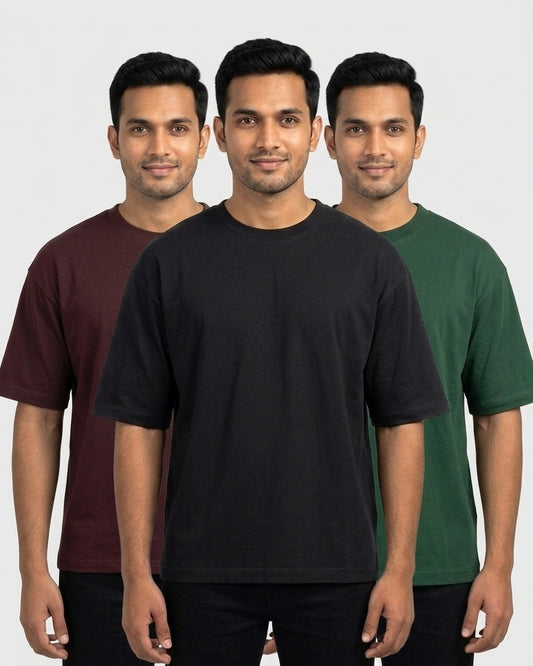 Oversized 240 GSM 3-pack for wheatish skin: Black + Maroon + Bottle Green (group photo)