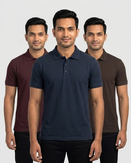 Polo 3-pack for wheatish skin: Navy Blue + Maroon + Coffee Brown (group photo)