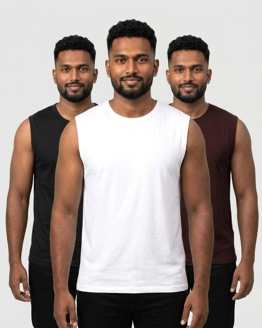 Sleeveless 3-pack for dusky skin: White + Black + Maroon (group photo)