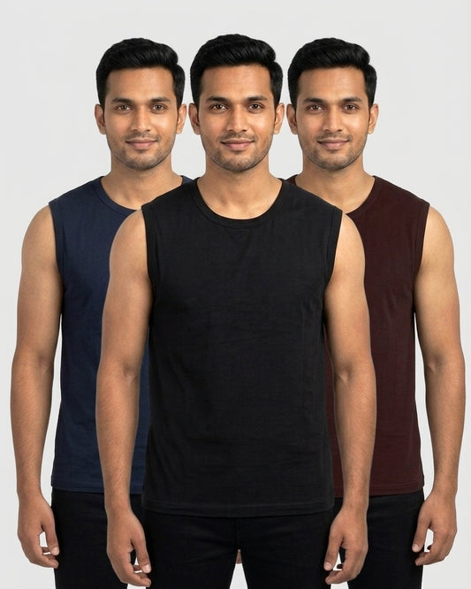Sleeveless 3-pack for wheatish skin: Black + Navy Blue + Maroon (group photo)
